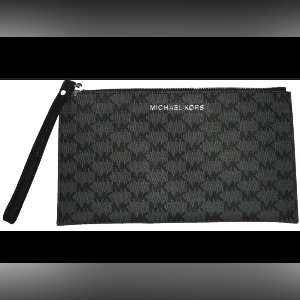 Michael Kors Black Logo Zip Pouch with Silver Tone Nameplate